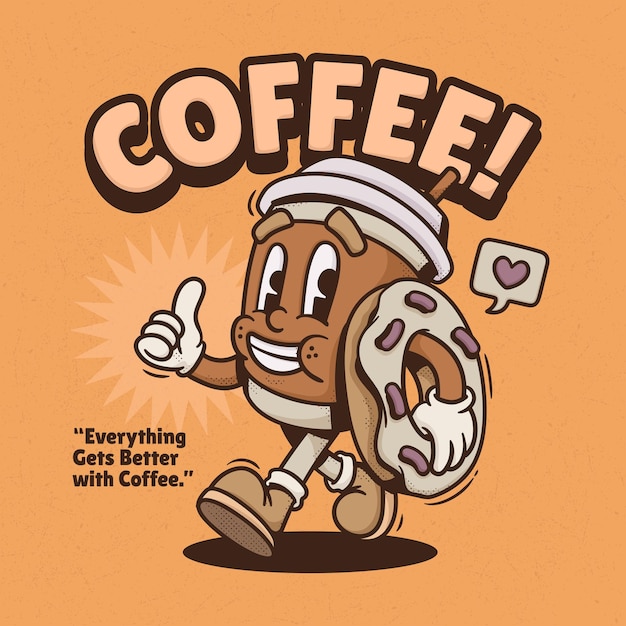 Tasse Café Vecteur Dessin Animé Rétro Tendance Mignon Dessinés Main
