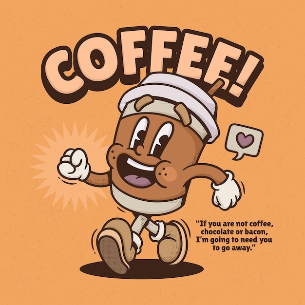 Tasse Café Vecteur Dessin Animé Rétro Tendance Mignon Dessinés Main