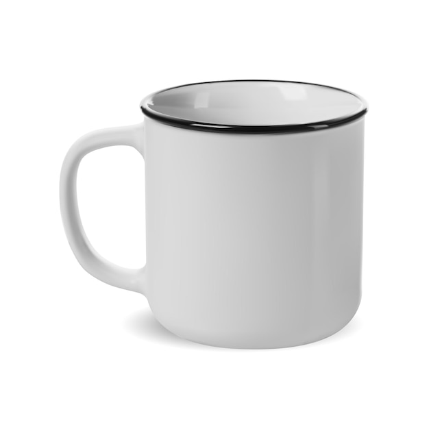 Tasse de camp. Modèle isolé de maquette de tasse de camping en émail blanc. Boîte à café pour gravure sur mesure. Tasse à thé rétro avec anse, émail réaliste