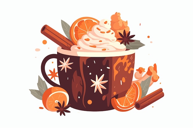 Vecteur tasse de noël avec chocolat chaud boisson épicée de vacances d'hiver dans une tasse isolé sur fond blanc illustration de dessin animé de vecteur