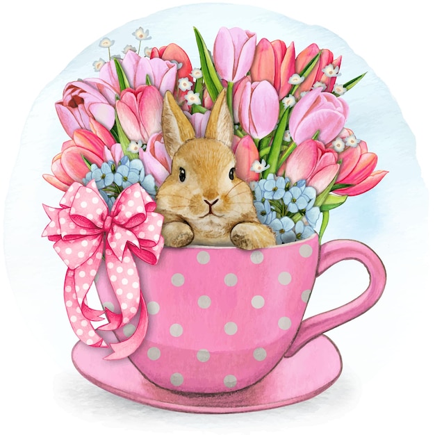 Une tasse rose avec un lapin dedans