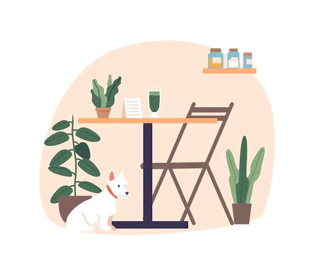 Tasse De Smoothie Verte Sur Une Table De Café élégante Avec Un Chien Assis à Proximité Invitant Les Clients à Savourer Leurs Boissons Rafraîchissantes Au Milieu D'une Illustration Vectorielle De Dessin Animé à La Mode Et Vibrante