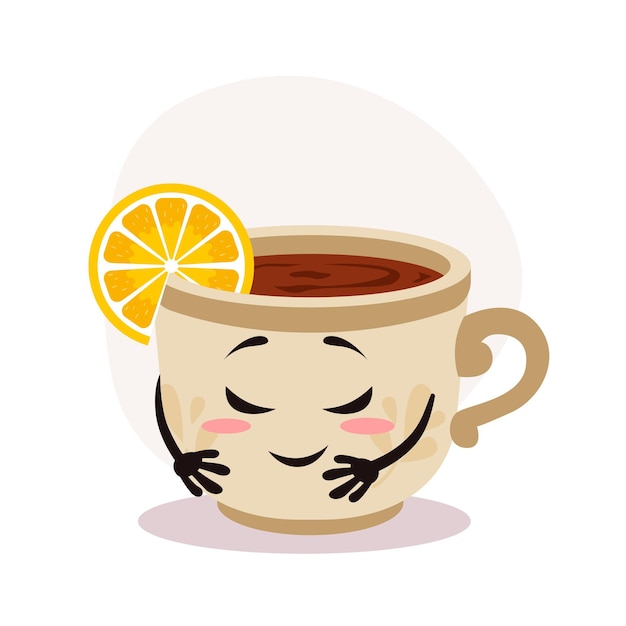 Tasse de thé blanc de vecteur avec boisson chaude Thé avec morceau de citron Personnage de dessin animé timide avec impression sur la surface