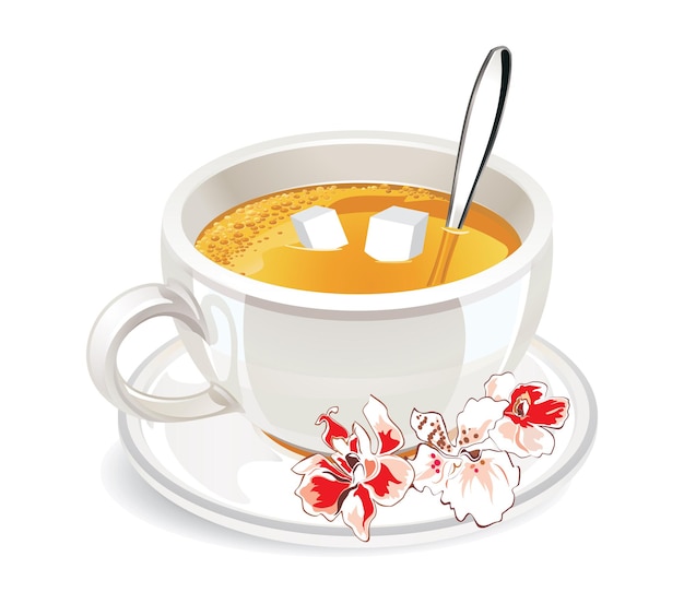 Une tasse de thé avec une cuillère et des fleurs dessus