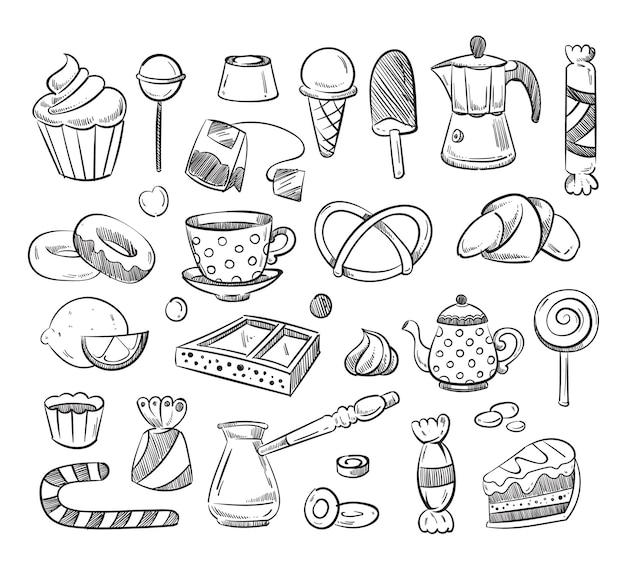 Tasse à Thé Dessiné à La Main, Café, Gâteaux, Bonbons Amusants Doodle.