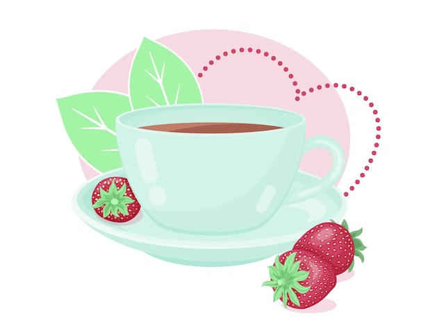 Vecteur tasse à thé mignonne avec fraise fraîche et décor. style de bande dessinée. isolé sur blanc.