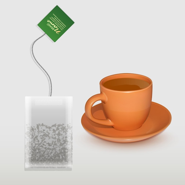 Vecteur tasse de thé réaliste et sachet de thé en forme