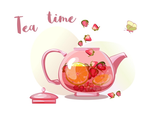 Vecteur tasse à thé avec thé à l'orange et aux fraises time o clock pause salon de thé cafébar amateur de thé tea party