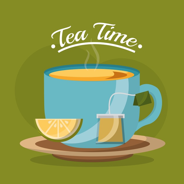 Tasse à thé tranche citron et sachet de thé sur le plat