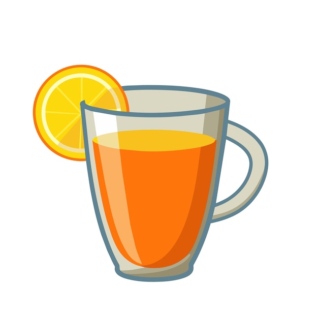 Vecteur tasse de thé transparente avec du thé et une tranche de citron de style dessin animé sur blanc