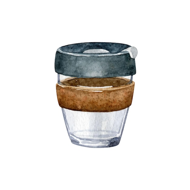 Tasse En Verre à Café Réutilisable Illustration Zéro Déchet Clipart Vectoriel Aquarelle