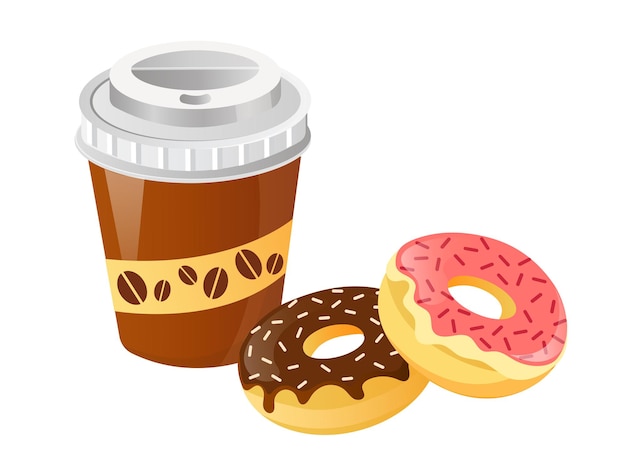 Tasses à Café Et Beignets Avec Illustration Vectorielle De Glaçage