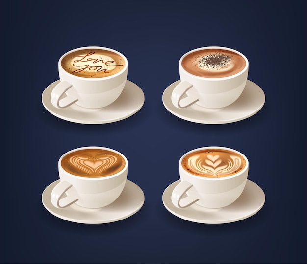Des tasses à motifs en mousse présentent des dessins artisanaux au-dessus de la boisson créée en versant du café au lait