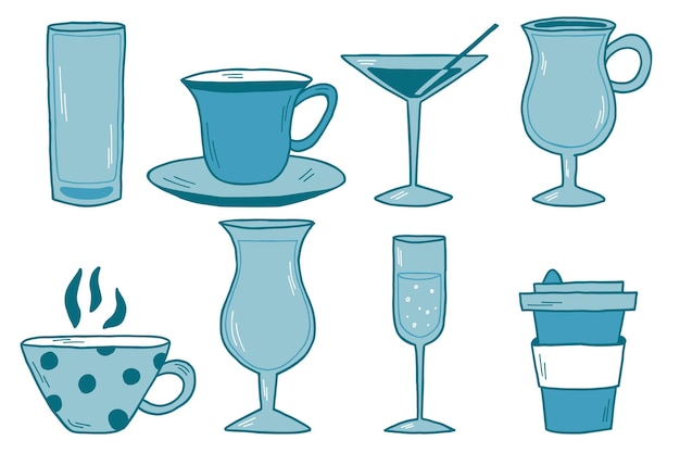 Vecteur tasses en verre dessinées à la main pour boissons alcoolisées ensemble de gobelets de verres vectoriels