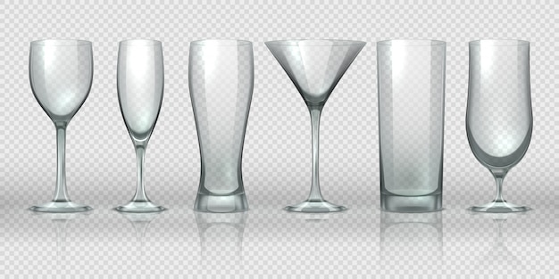 Tasses en verre. Verres transparents vides et maquettes de gobelet, pinte d'ours 3D réaliste et verrerie à cocktail.