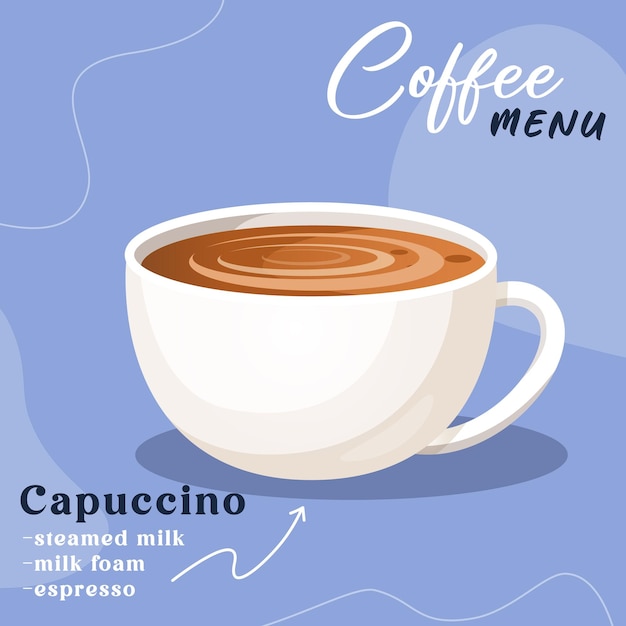 Tasty aromatic Capuccino Coffee glass cup Beverage cafe menu design