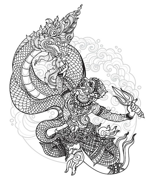 Tatouage Art Thai Monkey Et Thai Dragon Pattern Littérature Main Dessin Et Croquis Noir Et Blanc