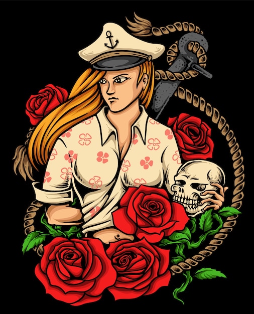 Vecteur tatouage de belle femme capitaine avec fond d'ancre rose et nautique