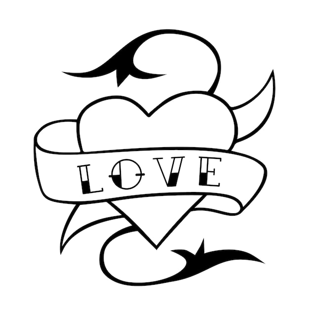 Vecteur tatouage coeur avec éléments floraux et ruban avec lettrage true love old school style tattoo vector illustration