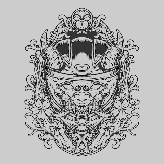 Tatouage Et Conception De T-shirt Illustration Dessinée à La Main Diable Avec Casque Masque Complet Gravure Ornement