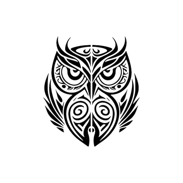 Tatouage d'un hibou noir et blanc orné de motifs polynésiens