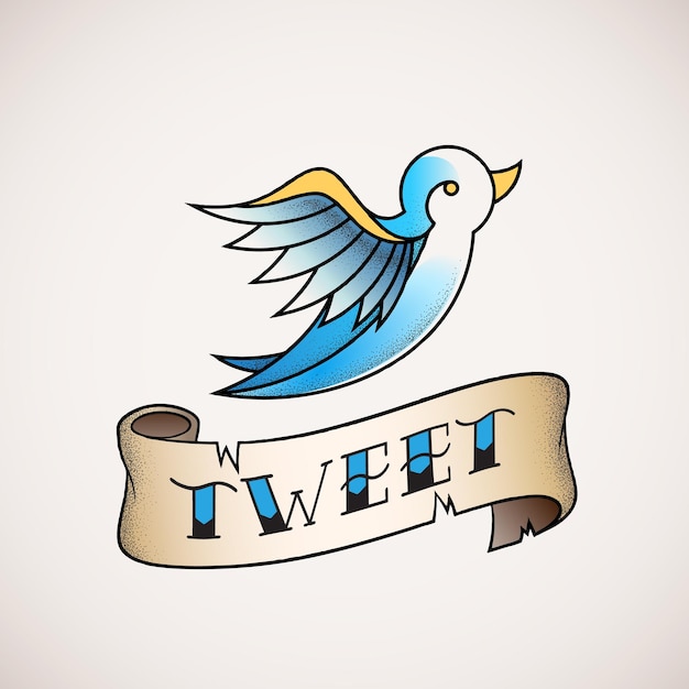 Tatouage Rétro Dot Work Style Abstract Vector Bird Icon Avec Tweet Banner Blue Sur Fond Beige