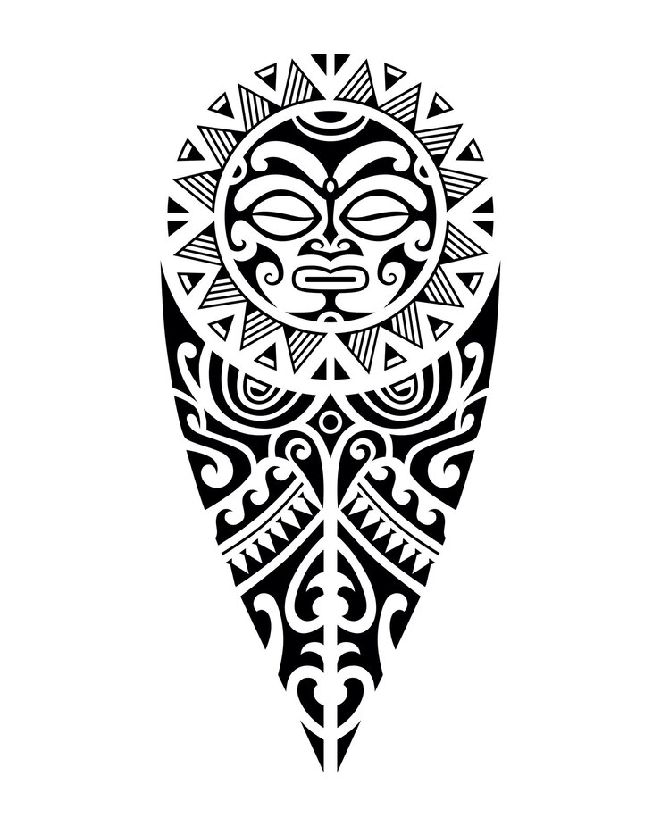 Vecteur tatouage de style maori pour la jambe ou l'épaule avec des symboles du soleil visage noir et blanc