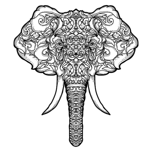 Vecteur tatouage et t-shirt conception oeuvre éléphant dessiné à la main ornement premium