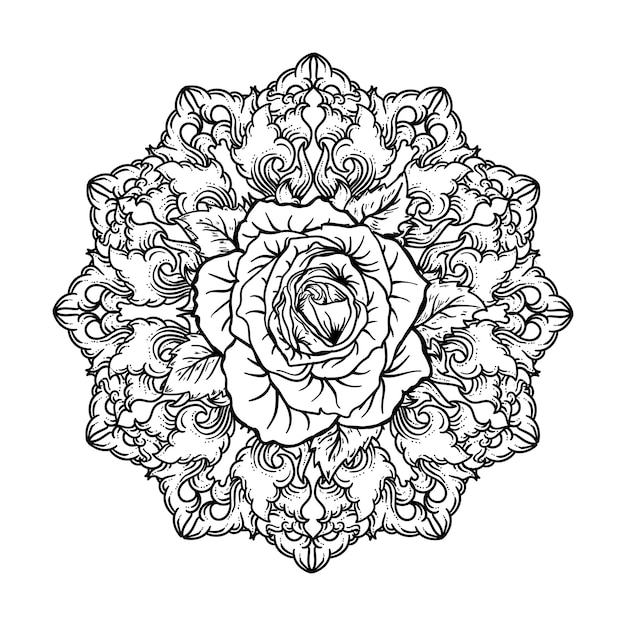 Vecteur tatouage et t-shirt design noir et blanc illustration dessinée à la main rose en ornement de gravure