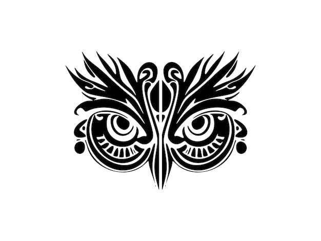 Un tatouage de visage de hibou noir et blanc avec des motifs polynésiens