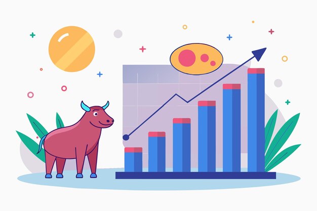 Vecteur un taureau se tient en toute confiance devant un graphique à barres symbolisant une tendance haussière dans l'analyse boursière l'analyse des tendances boursières illustration vectorielle plate simple et minimaliste