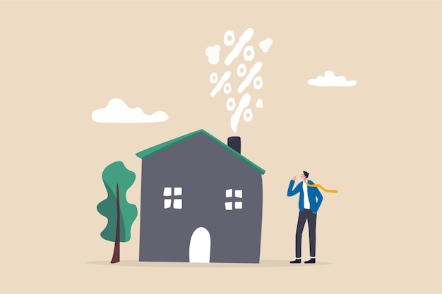 Taux hypothécaires immobiliers et immobiliers, taux d'intérêt pour le prêt immobilier ou la location, concept de taxe foncière ou de coût bancaire, propriétaire d'une maison d'homme d'affaires regardant le pourcentage croissant de fumée de la cheminée de la maison