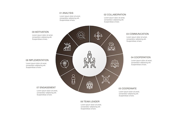 Team Building Infographie 10 étapes Cercle Design. Collaboration, Communication, Coopération, Chef D'équipe Icônes Simples