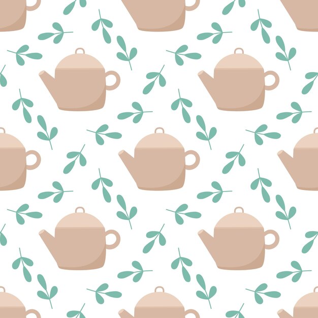 Vecteur teapots et feuilles de thé motif sans couture fond de fête de thé feuilles vertes et imprimé de théière pour