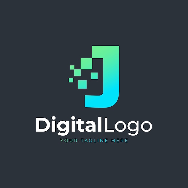 Vecteur tech letter j logo forme géométrique bleue et verte avec des logos de technologie square pixel dots