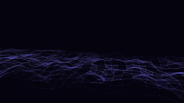 Technologie abstraite vague de particules visualisation de données volumineuses fond sombre vectoriel avec points et lignes de mouvement intelligence artificielle