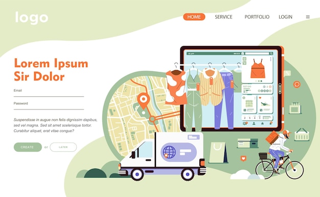Technologie D'application De Commerce électronique Pour Les Achats En Ligne Et Connectée Au Service De Livraison. Il Y A Carte, Camion, Onglet, Vêtements Et Homme à Vélo Illustration Plate