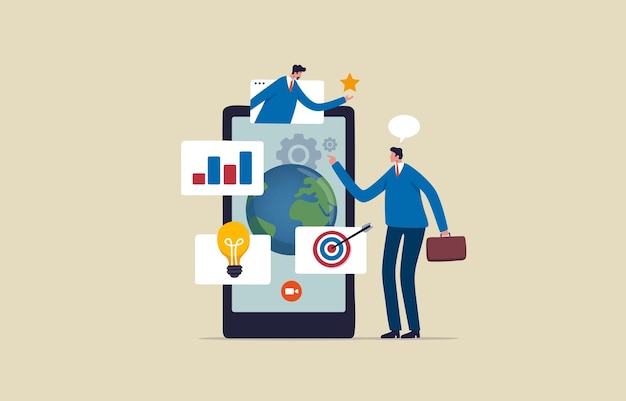 Technologie d'application de connexion Internet mondiale d'entreprise et marketing numérique Homme d'affaires communiquant avec l'application mobile sur le big data de linktech Illustration