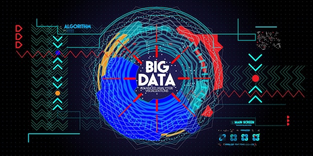 Vecteur technologie avancée de données volumineuses et visualisation avec élément fractal avec tableau de lignes et de points