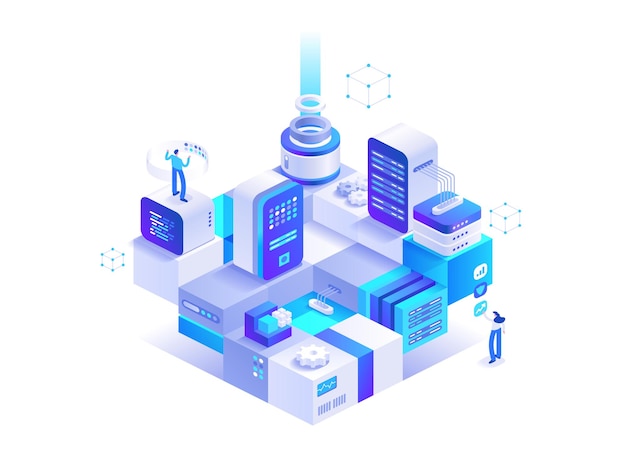 Technologie blockchain concept isométrique abstrait les gens travaillent avec l'argent numérique crypto-monnaie marché crypto entreprise bitcoin ferme minière illustration de caractère vectoriel dans la conception isométrie