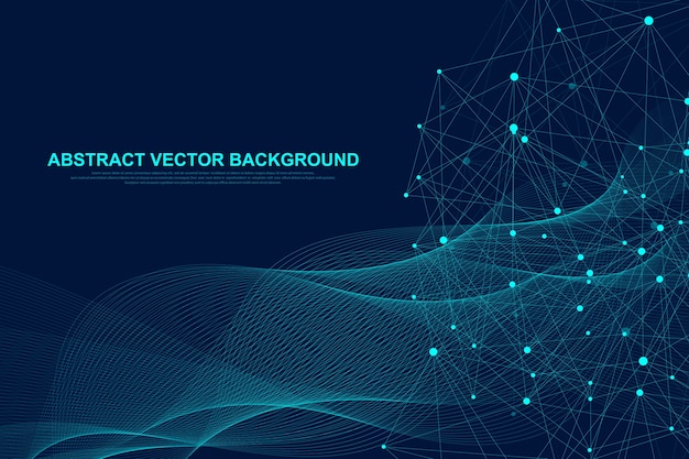 Vecteur technologie de blockchain de fond abstrait futuriste. concept d'entreprise de réseau d'égal à égal. blockchain mondiale de crypto-monnaie. lignes fluides, vagues, points.