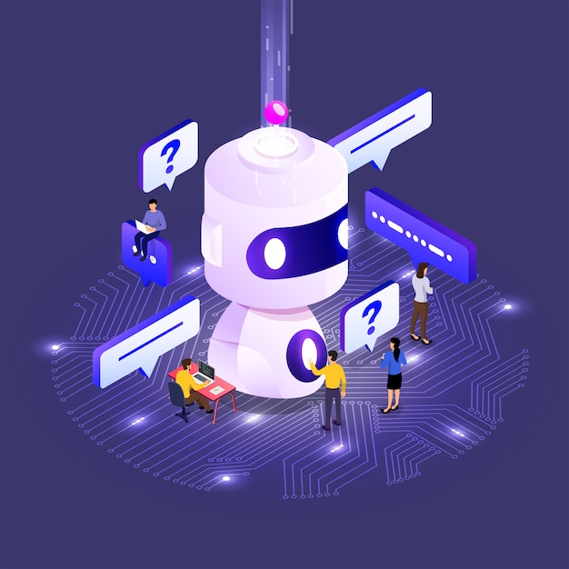 Technologie de bot de chat concept isométrique. Message de discussion de machine d'intelligence artificielle par apprentissage automatique. illustrer.