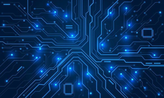 Technologie de carte de circuit abstrait lignes bleues connectées avec des éléments électroniques processeur de puce de carte mère d'ordinateur vecteur de fond numérique semi-conducteur