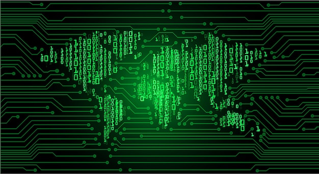 Technologie De Carte De Circuit Imprimé Binaire, Fond De Concept De Carte De Monde Vert Cyber