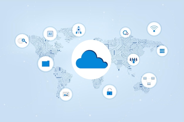 Technologie de cloud computing avec des icônes sur l'illustration vectorielle de circuit world map