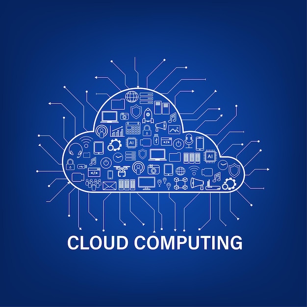 Technologie de cloud computing avec des icônes sur illustration vectorielle fond bleu