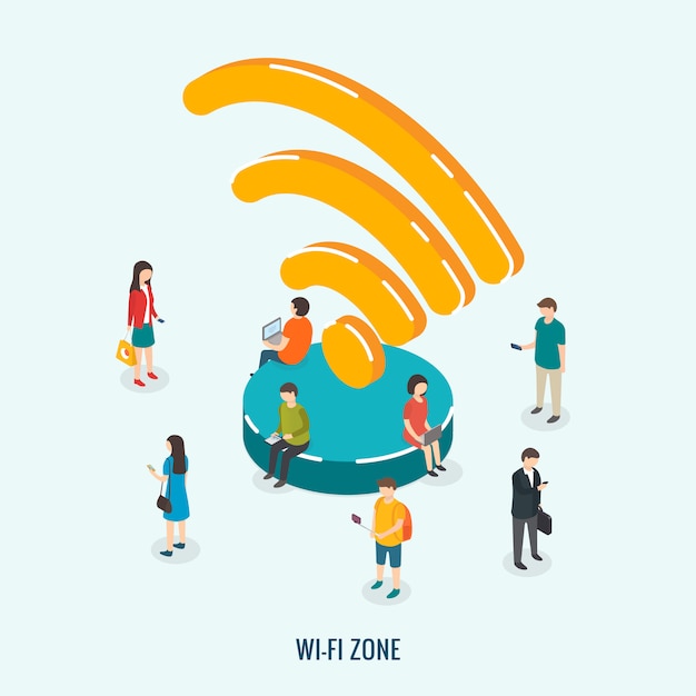 Technologie De Connexion Sans Fil De La Zone Wi-fi Publique. Illustration 3d Isométrique