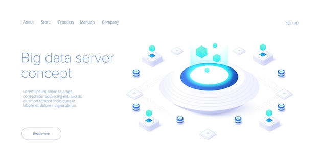 Technologie De Données Volumineuses En Illustration Vectorielle Isométrique. Système De Stockage Et D'analyse Des Informations. Modèle De Page De Destination De Site Web De Technologie Numérique.
