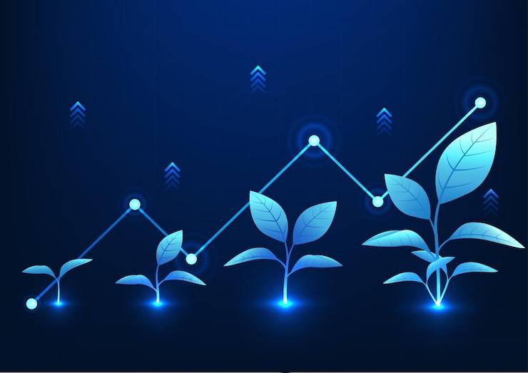 Vecteur la technologie financière l'arbre de croissance derrière est un graphique montrant la croissance des bénéfices de l'entreprise