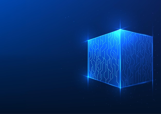 Technologie de fond cube avec des circuits technologiques entourant une boîte carrée montrant le traitement